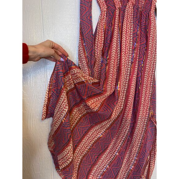 WARM Pink Metallic Striped Long Bishop Sleeve Midi Dress US 0 - Picture 6 of 10